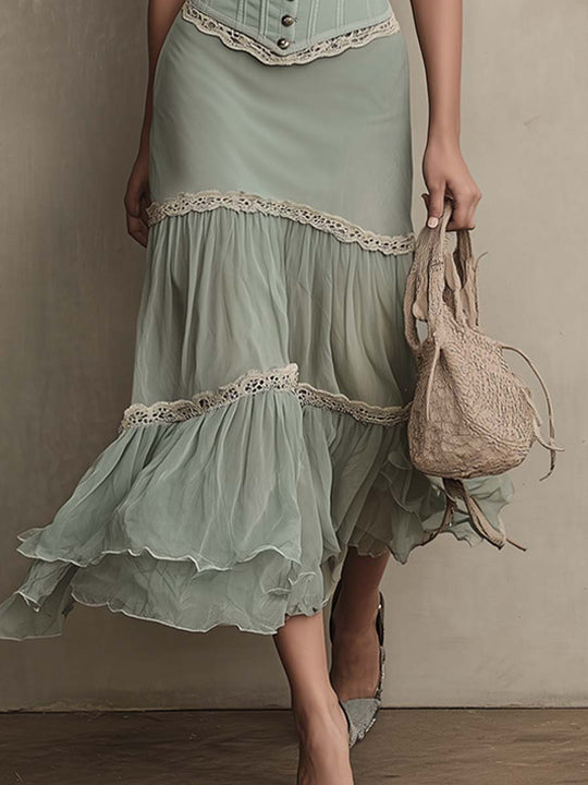 Retro Romantic Lace-Trimmed Chiffon Midi Dress