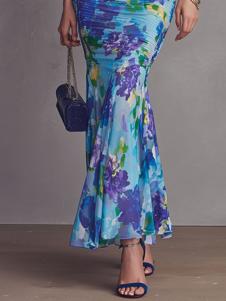 Romantic Boho Sweetheart Neck Blue Floral Ruched Mermaid Maxi Dress