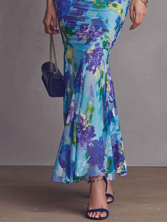Romantic Boho Sweetheart Neck Blue Floral Ruched Mermaid Maxi Dress