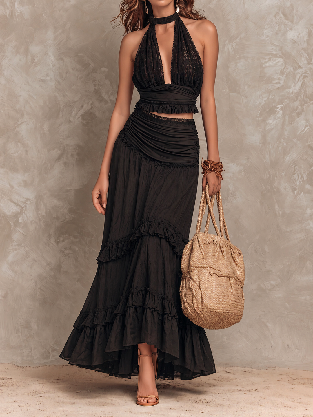 Boho Black Halter Lace Crop Top & Tiered Ruffle Skirt Two-Piece Set