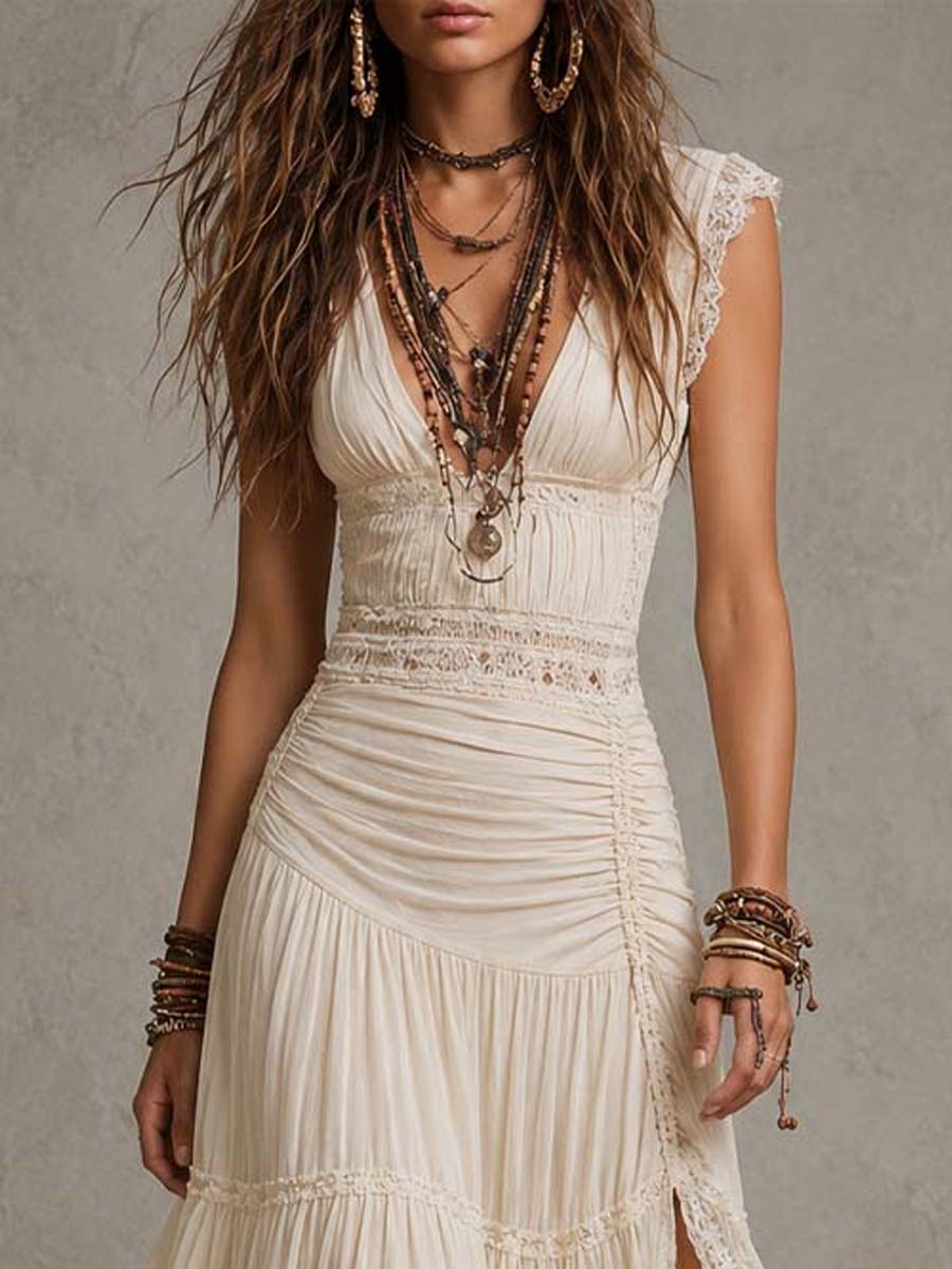 Bohemian Cream Knit-Cotton Lace Trim Maxi Dress