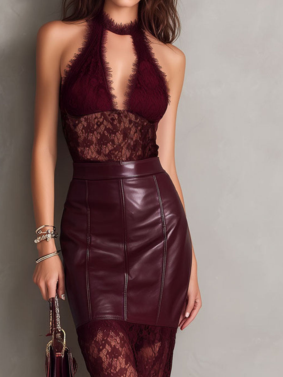 Retro Elegant Burgundy Lace And Faux Leather Halter Midi Dress
