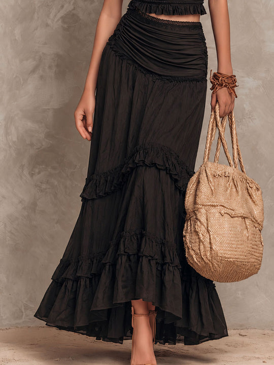 Boho Black Halter Lace Crop Top & Tiered Ruffle Skirt Two-Piece Set