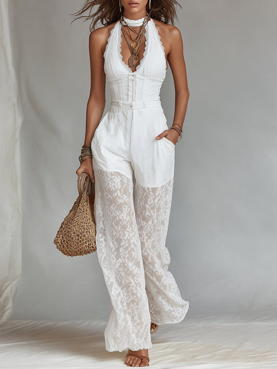 Boho Lace-Trimmed Camisole & Lace-Paneled Wide-Leg Pants Set