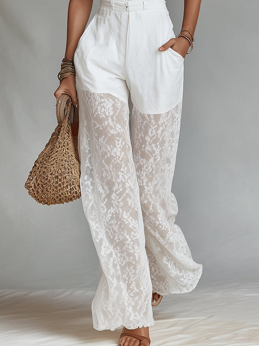 Boho Lace-Trimmed Camisole & Lace-Paneled Wide-Leg Pants Set