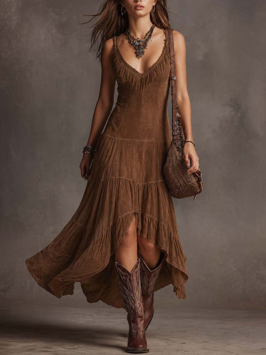 Retro Fringed-Collar Lightweight Suede Midi Dress