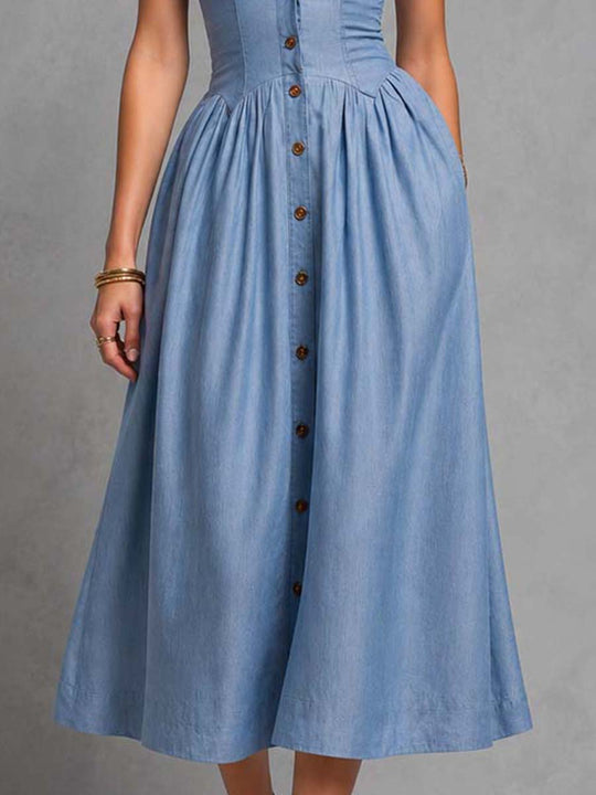 Chambray Button-Down Midi Shirt Dress