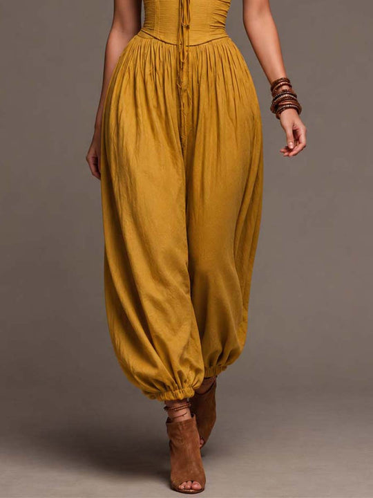 Bohemian Mustard Yellow Cotton Corset And Balloon Pants Jumpsuit