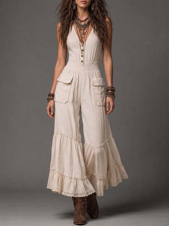 Bohemian Elegant Cotton-Linen Ruffled Hem Jumpsuit