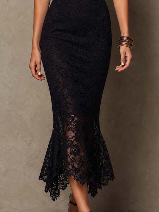 Black Lace High-Neck Midi Mermaid Dress