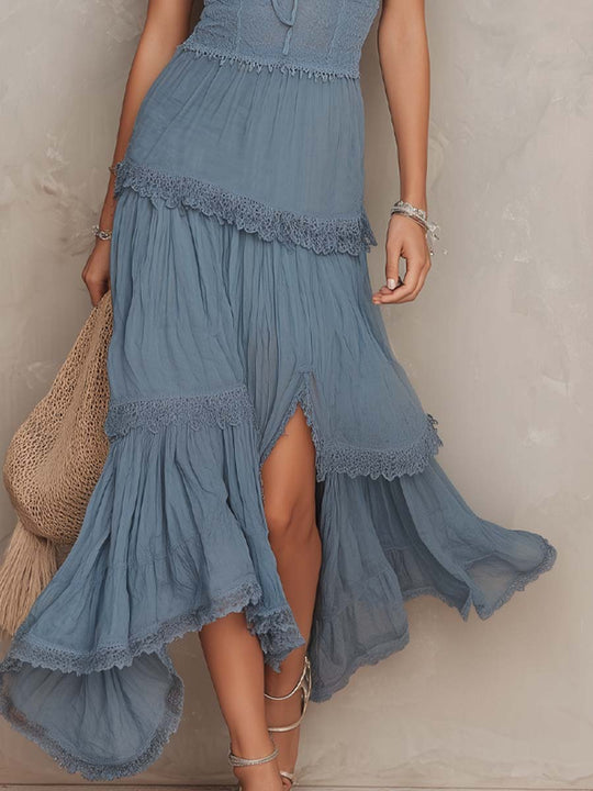 Vintage Lace-Paneled Strappy Chiffon Midi Dress With Slit Hem
