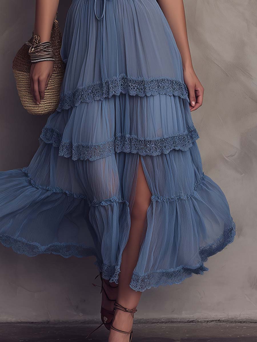 Retro Lace Trim And Slit Hem Chiffon Spaghetti-Strap Midi Dress