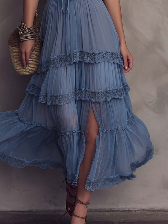 Retro Lace Trim And Slit Hem Chiffon Spaghetti-Strap Midi Dress
