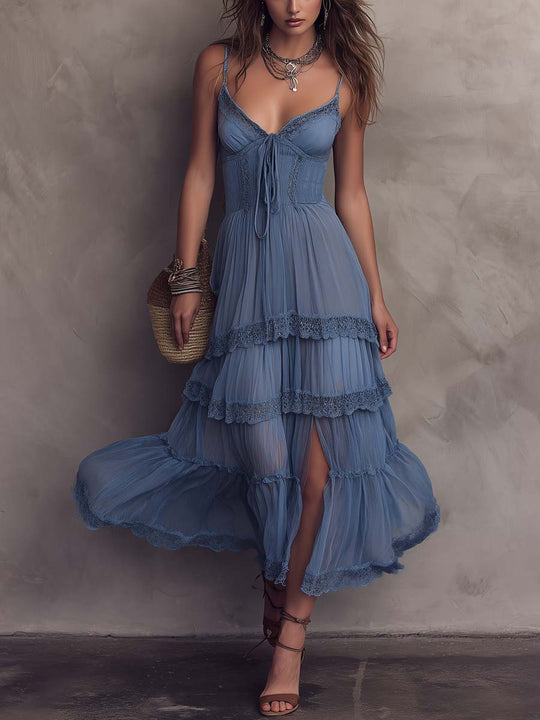 Retro Lace Trim And Slit Hem Chiffon Spaghetti-Strap Midi Dress