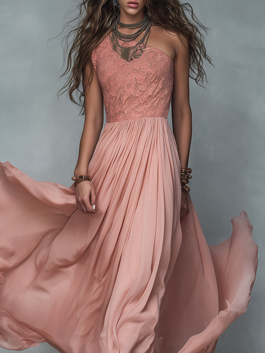 Boho One-Shoulder Lace-Paneled Pleated A-Line Maxi Dress