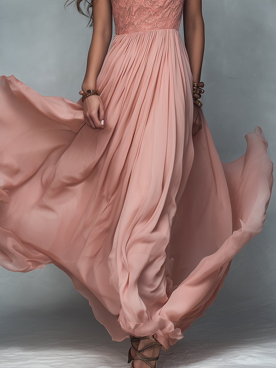 Boho One-Shoulder Lace-Paneled Pleated A-Line Maxi Dress