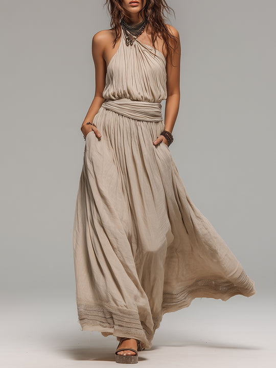 Boho One-Shoulder Pleated A-Line Maxi Dress With Lace Trim