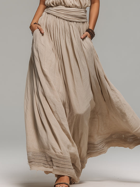 Boho One-Shoulder Pleated A-Line Maxi Dress With Lace Trim