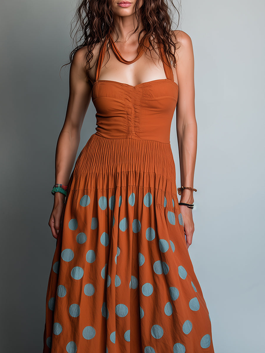 Retro Polka-Dot Print A-Line Maxi Dress With Lace Trim