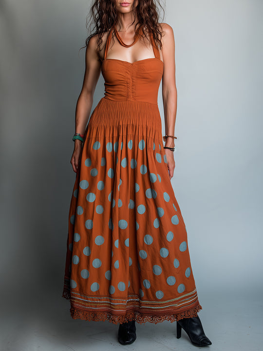 Retro Polka-Dot Print A-Line Maxi Dress With Lace Trim