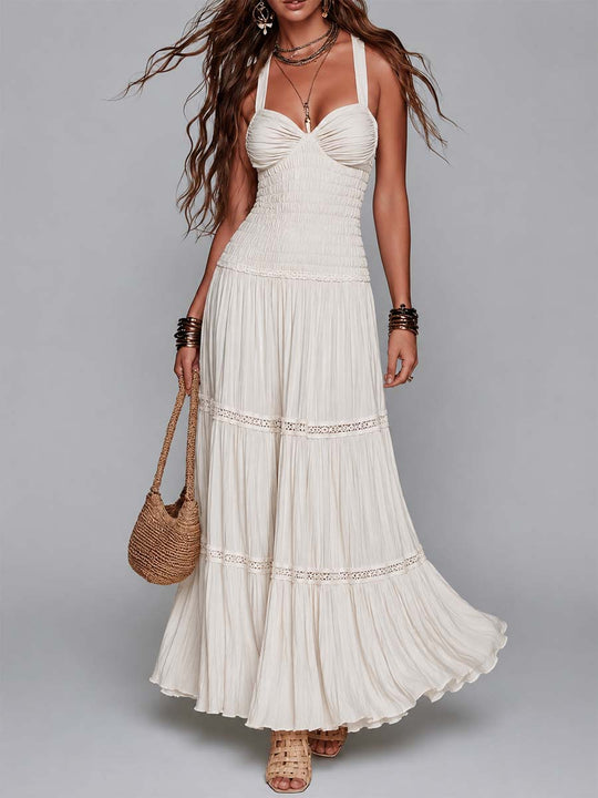 Bohemian Cream Smocked Tiered Halter Maxi Dress