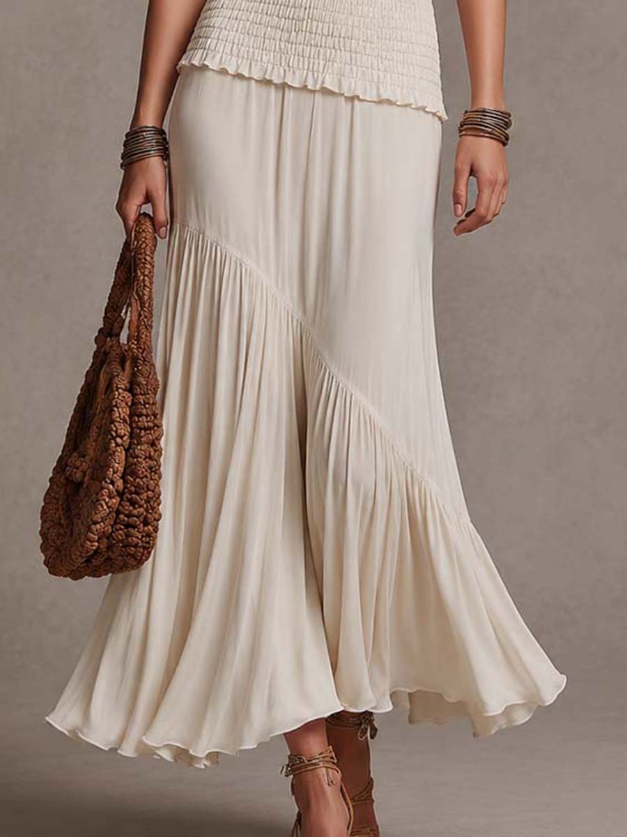 Bohemian Cream Smocked Knit  Maxi Dress