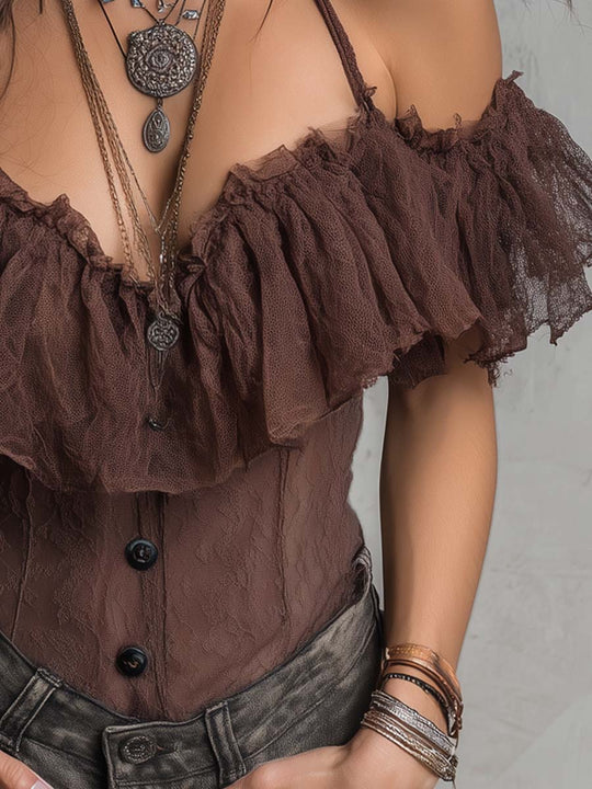 Retro Halter-Neck Off-Shoulder Lace Blouse