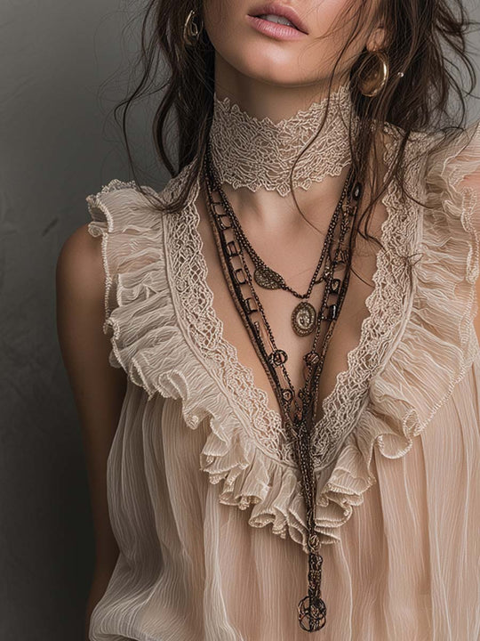 Vintage Chiffon Blouse With Lace Trim And Ruffled Neckline