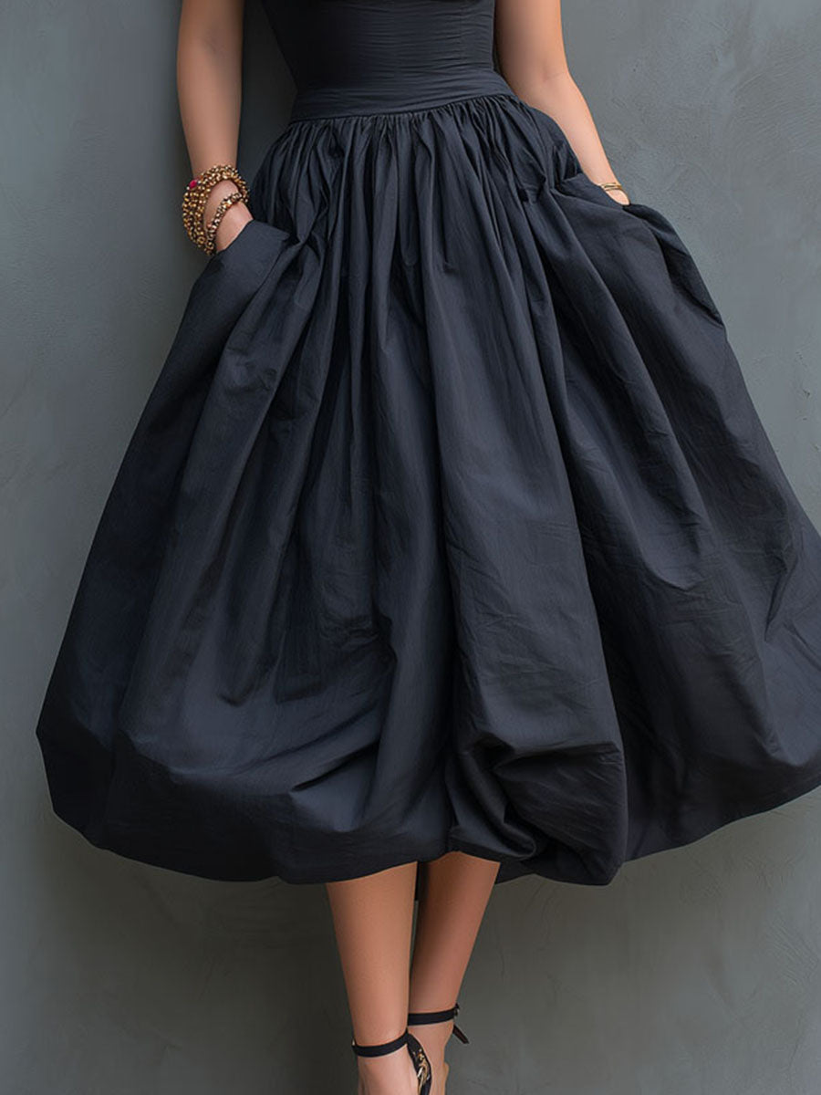 Elegant Black Halter-Neck Pleated Balloon Midi Dress With Balloon Skirt