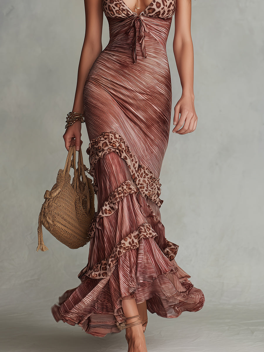 Boho Leopard Print Ruffle-Trimmed Sleeveless Maxi Dress