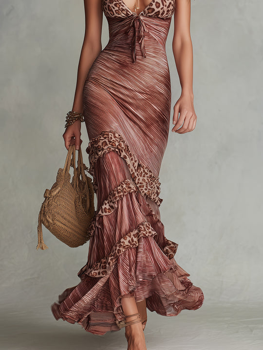Boho Leopard Print Ruffle-Trimmed Sleeveless Maxi Dress