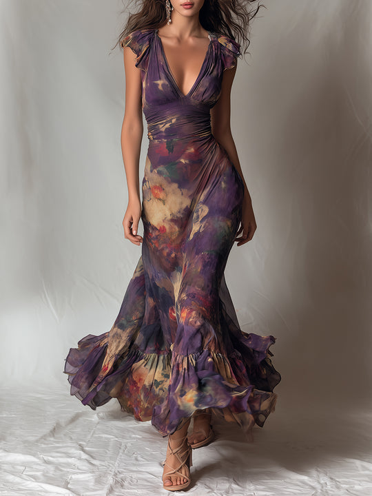 Monet Garden V-Neck Ruffle-Trim Maxi Dress