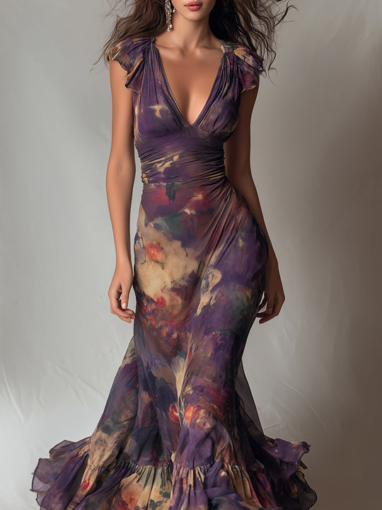Monet Garden V-Neck Ruffle-Trim Maxi Dress