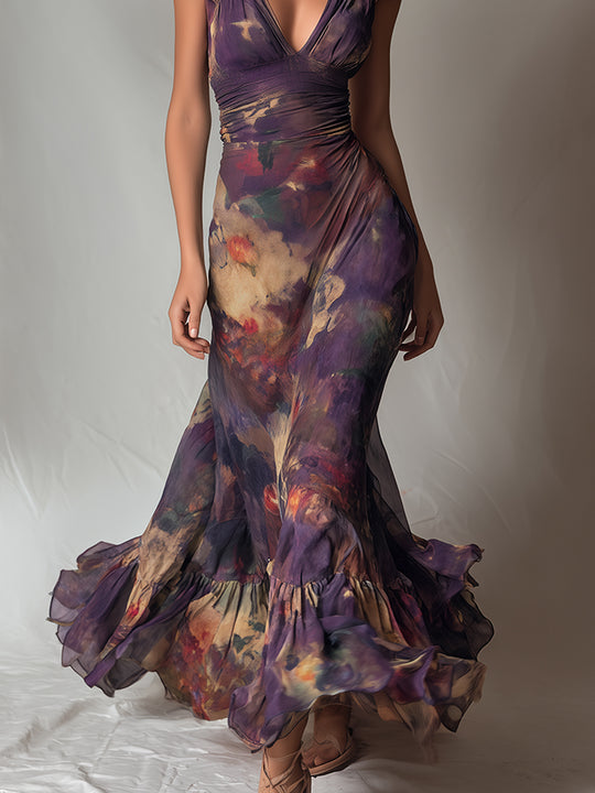 Monet Garden V-Neck Ruffle-Trim Maxi Dress