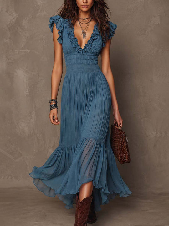 Bohemian Dusty Blue Crinkled Chiffon Tiered Maxi Dress