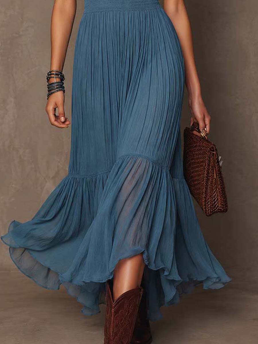 Bohemian Dusty Blue Crinkled Chiffon Tiered Maxi Dress