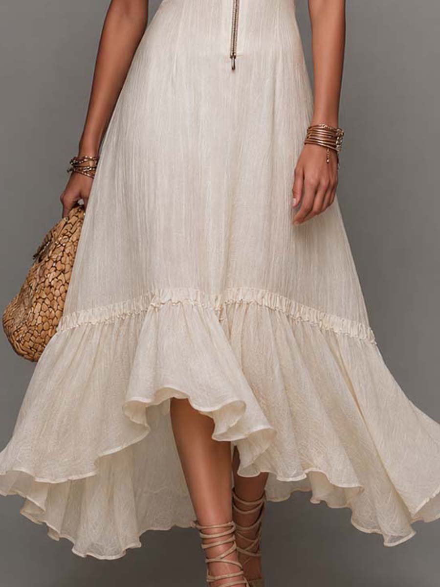Bohemian Cream Cotton-Linen Mesh Puff Sleeve Maxi Dress