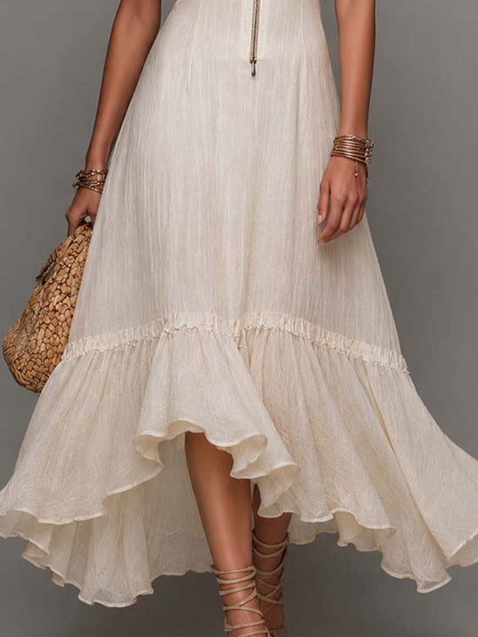 Bohemian Cream Cotton-Linen Mesh Puff Sleeve Maxi Dress