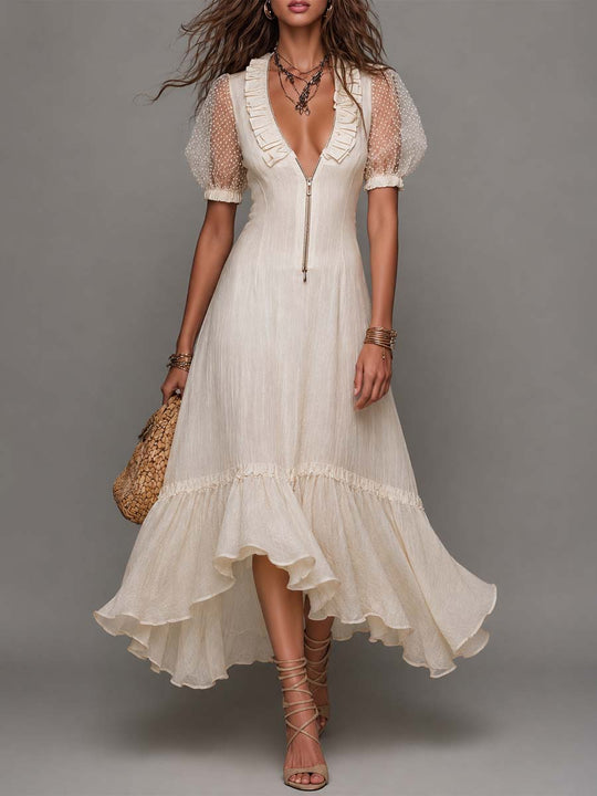 Bohemian Cream Cotton-Linen Mesh Puff Sleeve Maxi Dress