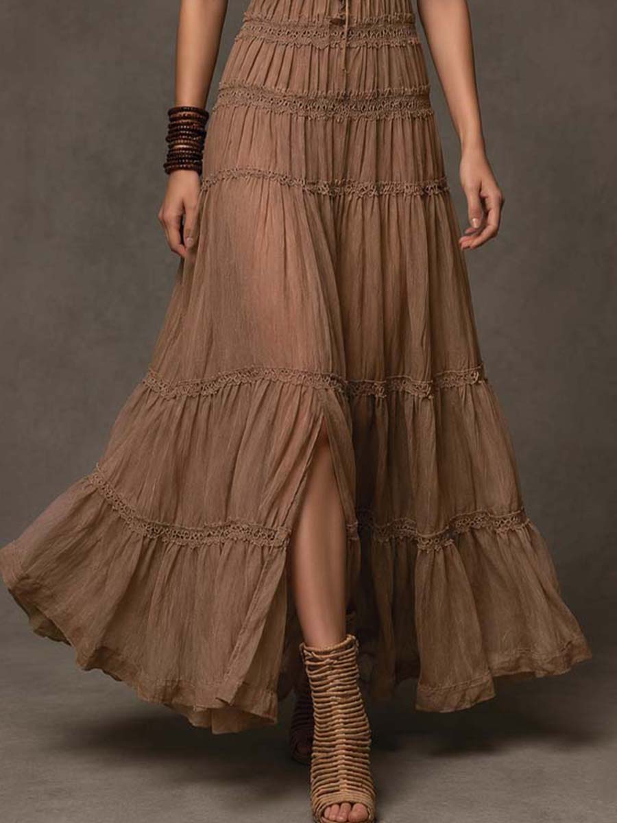 Bohemian Taupe Crinkled Chiffon Lace Tiered Maxi Dress
