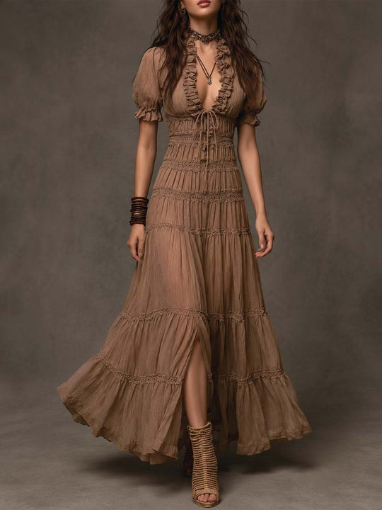 Bohemian Taupe Crinkled Chiffon Lace Tiered Maxi Dress