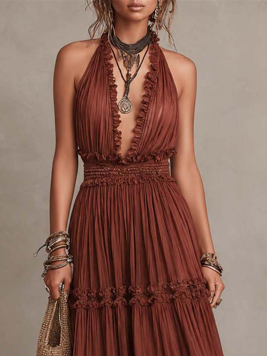 Bohemian Rust Crinkled Chiffon Halter Tiered Midi Dress