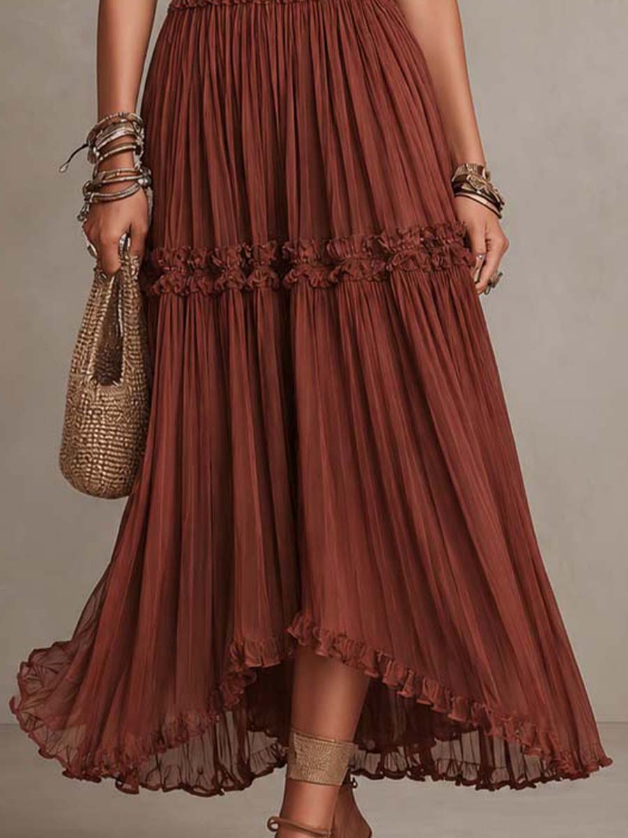 Bohemian Rust Crinkled Chiffon Halter Tiered Midi Dress