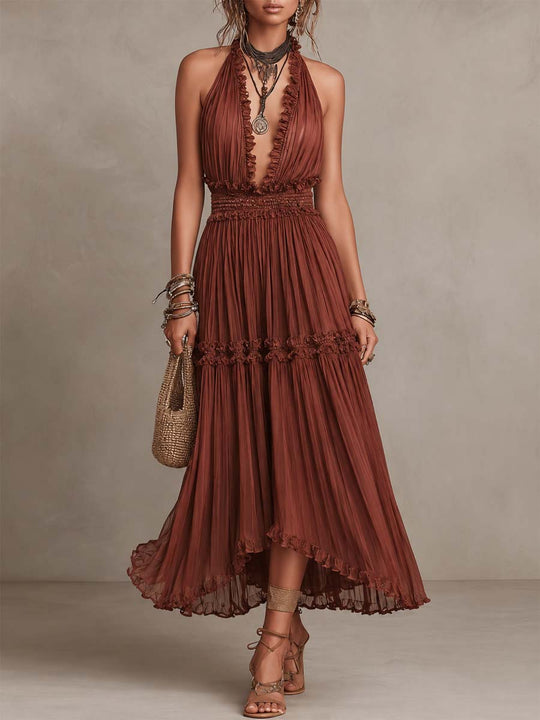 Bohemian Rust Crinkled Chiffon Halter Tiered Midi Dress