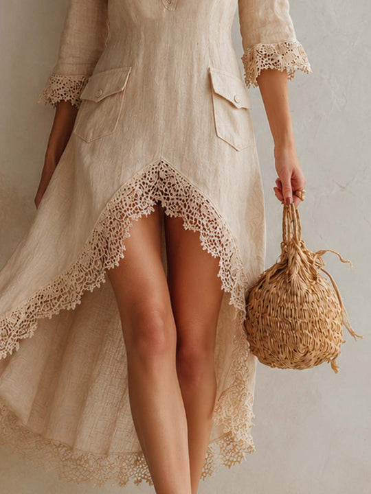 Retro High-Low Lace Hem Cotton-Linen Midi Dress