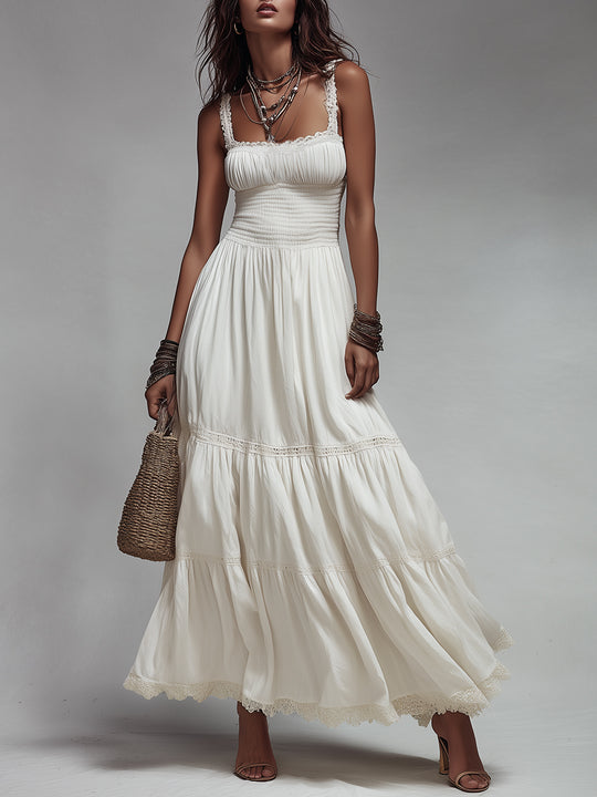 Boho Shirred Lace Trim Cotton Maxi Dress