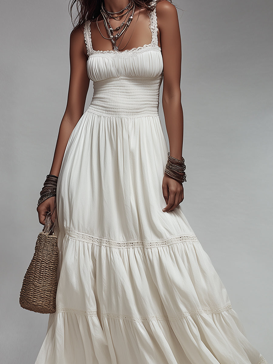 Boho Shirred Lace Trim Cotton Maxi Dress
