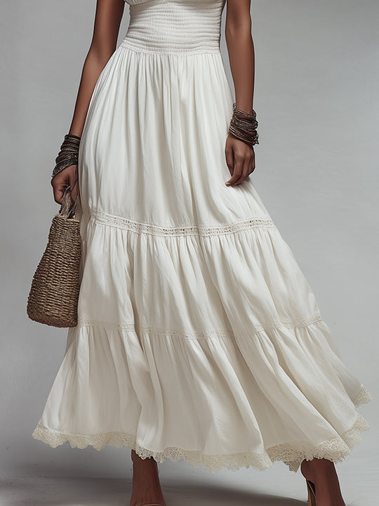 Boho Shirred Lace Trim Cotton Maxi Dress