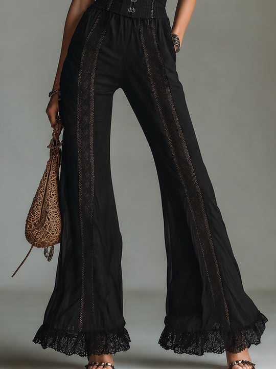 Gothic Sheer Lace-Trimmed Ruffled-Hem Flared Jumpsuit