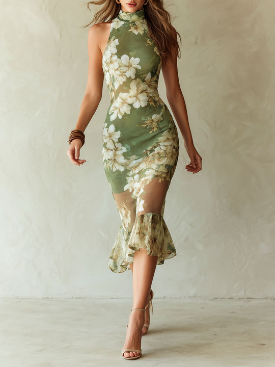Boho Romantic Olive Floral Sheer Mesh Halter Midi Dress With Ruffled Hem